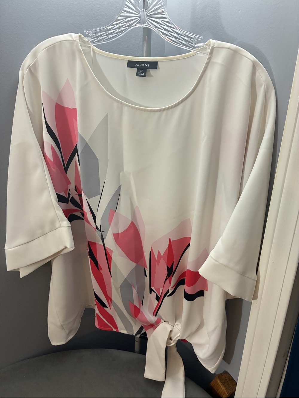 Alfani Cream Blouse with Pink & Gray Floral Tie Front
